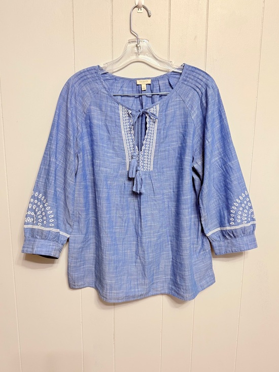 Talbots Tops - #14)  Talbots Light Blue Embroidered Tie-Neck Tunic